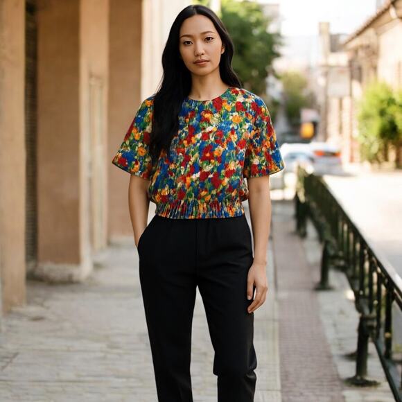 Vtg 80s Notations Floral Blouse M Elastic Waist Shoulder Pads USA Made - Picture 1 of 7